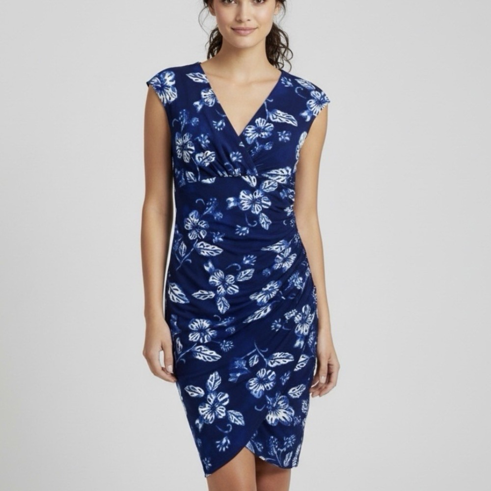 Ralph Lauren Blue White Floral Faux Wrap Sleeveless Dress Size 8